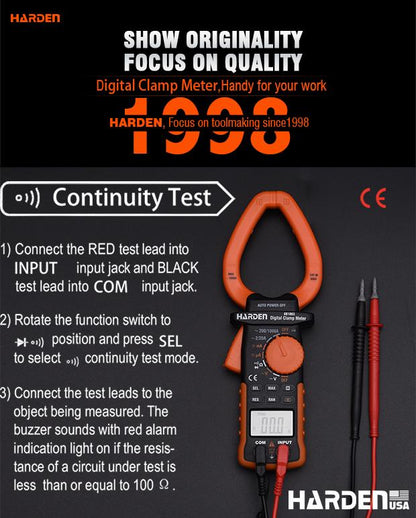 Multímetro Digital de Garra Harden com Display LCD Retroiluminado e Funções de Tensão, Corrente e Resistência