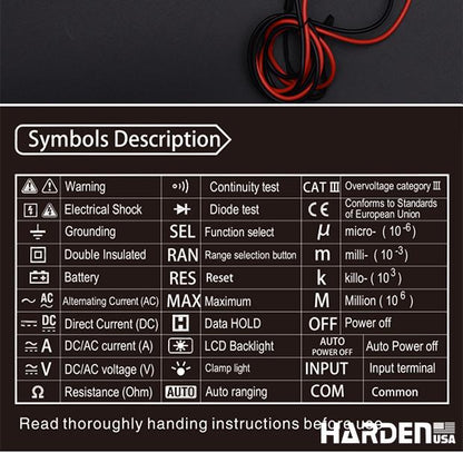 Multímetro Digital de Garra Harden com Display LCD Retroiluminado e Funções de Tensão, Corrente e Resistência