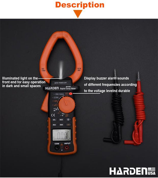 Multímetro Digital de Garra Harden com Display LCD Retroiluminado e Funções de Tensão, Corrente e Resistência