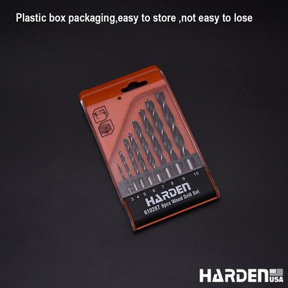 Jogo de Brocas para Madeira HARDEN 8 Peças – Aço Carbono Temperado de 3 a 10 mm