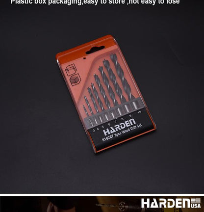 Jogo de Brocas para Madeira HARDEN 8 Peças – Aço Carbono Temperado de 3 a 10 mm