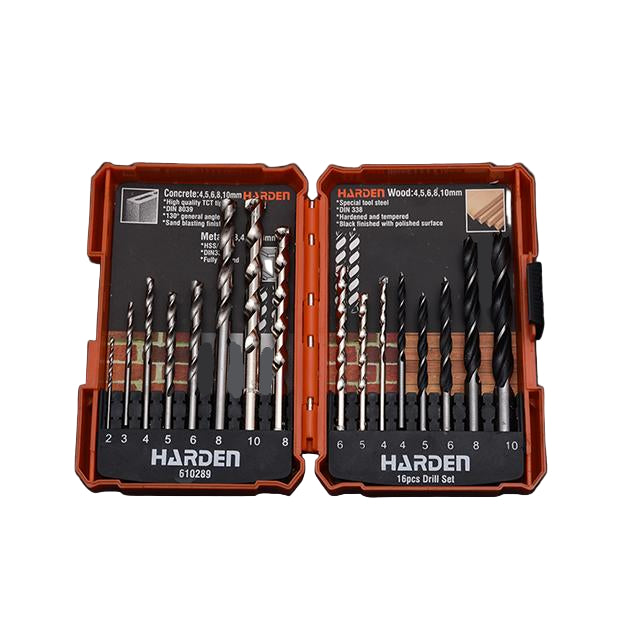 Jogo de Brocas HARDEN 16 Peças – HSS, Madeira e Concreto com Estojo Organizador