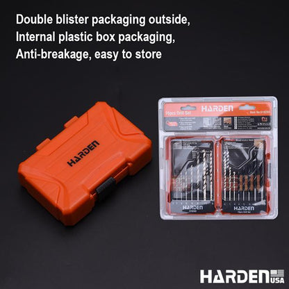Jogo de Brocas HARDEN 16 Peças – HSS, Madeira e Concreto com Estojo Organizador