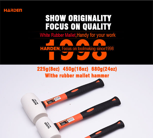Martelo de Borracha Branca HARDEN 225 g / 450 g / 680 g com Cabo em Fibra de Vidro – Acabamento Preciso sem Marcas
