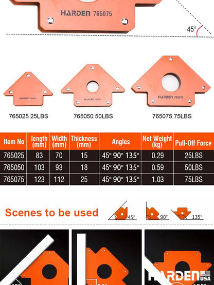 HARDEN Suporte Magnético de Solda — Aço Carbono com Ângulos 45° / 90° / 135° para Fixação Metálica Profissional