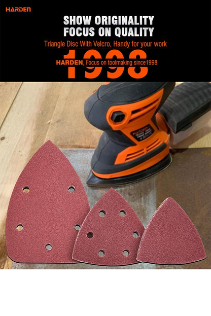Disco Triangular com Velcro HARDEN – Óxido de Alumínio para Lixamento de Madeira e Aço (10 Peças por Cartela)
