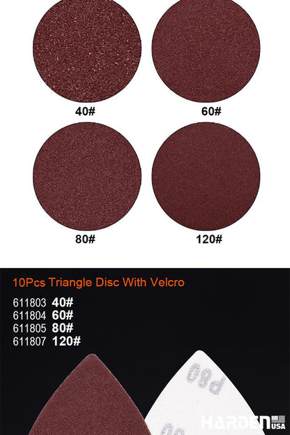 Disco Triangular com Velcro HARDEN – Óxido de Alumínio para Lixamento de Madeira e Aço (10 Peças por Cartela)