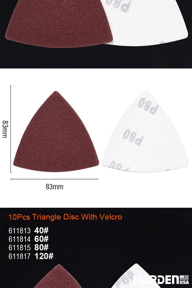 Disco Triangular com Velcro HARDEN – Óxido de Alumínio para Lixamento de Madeira e Aço (10 Peças por Cartela)