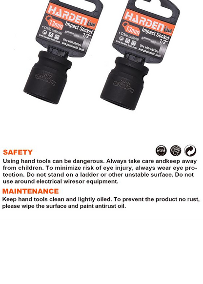 Soquete de Impacto HARDEN 1/2" (12,7 mm) – Aço CrMo, 6 Pontos, Uso com Chave de Impacto