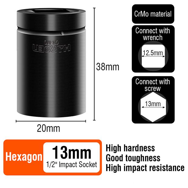 Soquete de Impacto HARDEN 1/2" (12,7 mm) – Aço CrMo, 6 Pontos, Uso com Chave de Impacto