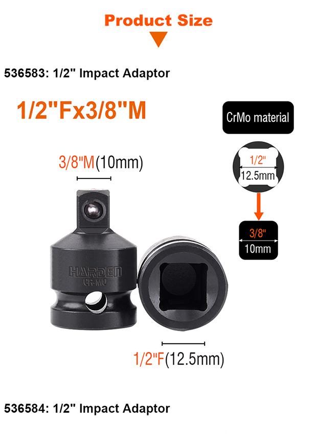 Adaptador de Impacto HARDEN 1/2” Fêmea x 3/8” Macho em Aço Cromo Molibdênio