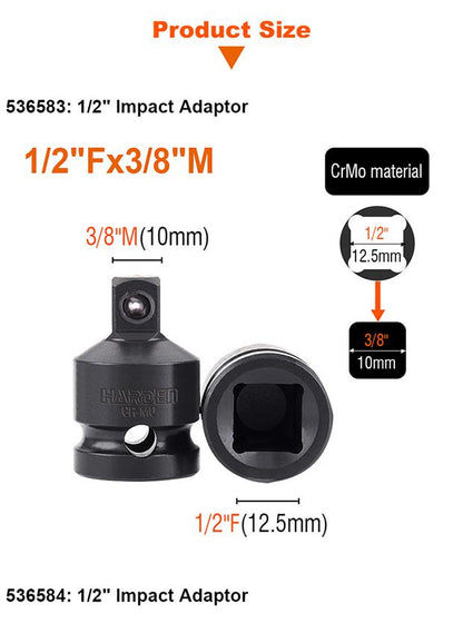 Adaptador de Impacto HARDEN 1/2” Fêmea x 3/8” Macho em Aço Cromo Molibdênio
