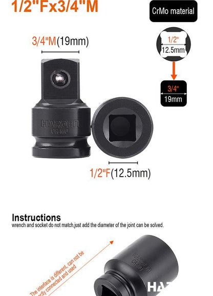 Adaptador de Impacto HARDEN 1/2” Fêmea x 3/8” Macho em Aço Cromo Molibdênio
