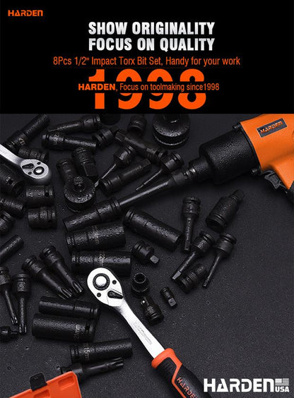 Jogo de Pontas Torx de Impacto HARDEN 1/2” (12,7 mm) com 8 Peças em Aço Cromo Molibdênio