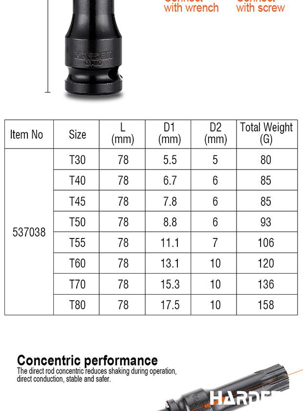 Jogo de Pontas Torx de Impacto HARDEN 1/2” (12,7 mm) com 8 Peças em Aço Cromo Molibdênio