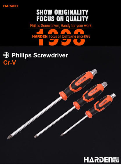 Chave Phillips HARDEN PH1 100mm, PH2 150mm e PH3 200mm – Aço CR-V Temperado e Cabo TPR Antiderrapante