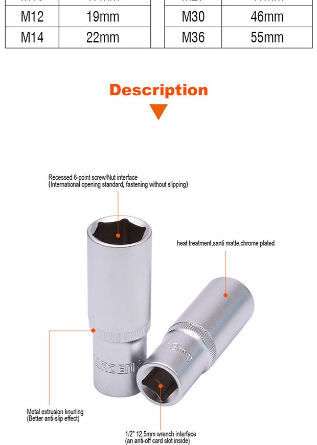 HARDEN – Soquete Longo Sextavado 1/2" em Aço CR-V (Várias Medidas)