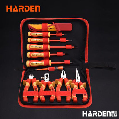 Jogo de Ferramentas Isoladas HARDEN 11 Peças – Certificado VDE/GS – Alicates, Chaves e Testador de Voltagem