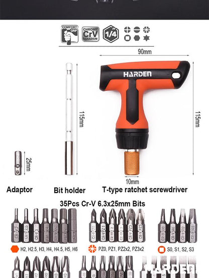 Jogo de Chave Catraca Tipo T com Bits HARDEN 46 Peças – Encaixe 1/4” (6,35 mm)