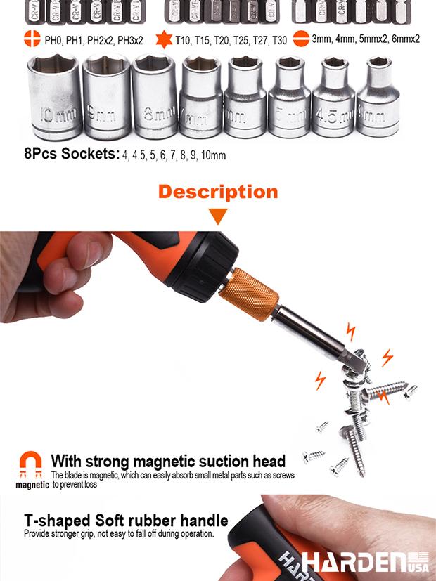 Jogo de Chave Catraca Tipo T com Bits HARDEN 46 Peças – Encaixe 1/4” (6,35 mm)