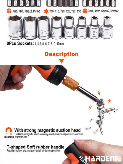 Jogo de Chave Catraca Tipo T com Bits HARDEN 46 Peças – Encaixe 1/4” (6,35 mm)