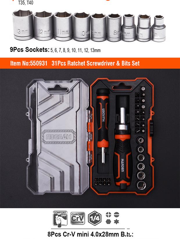 Jogo de Chave Catraca Tipo T com Bits HARDEN 46 Peças – Encaixe 1/4” (6,35 mm)