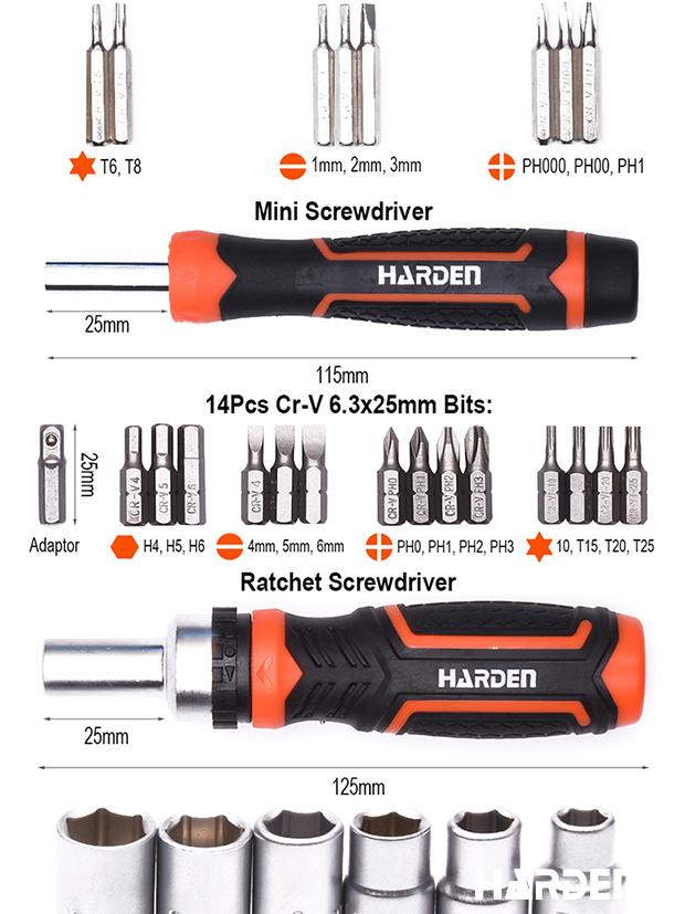 Jogo de Chave Catraca Tipo T com Bits HARDEN 46 Peças – Encaixe 1/4” (6,35 mm)