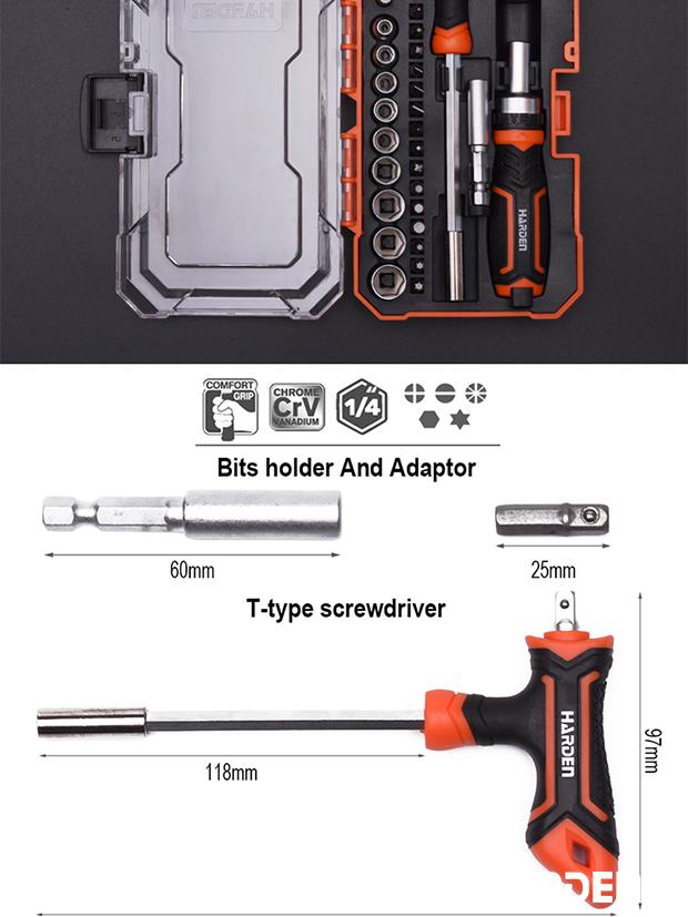 Jogo de Chave Catraca Tipo T com Bits HARDEN 46 Peças – Encaixe 1/4” (6,35 mm)