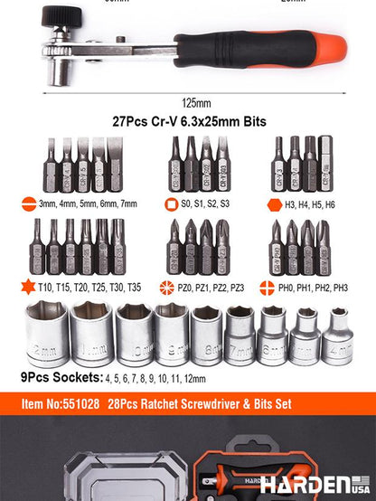 Jogo de Chave Catraca Tipo T com Bits HARDEN 46 Peças – Encaixe 1/4” (6,35 mm)