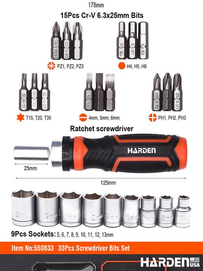 Jogo de Chave Catraca Tipo T com Bits HARDEN 46 Peças – Encaixe 1/4” (6,35 mm)