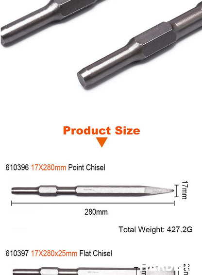 Talhadeira Encaixe Sextavado 17 mm x 280 mm HARDEN para Martelete Elétrico – Ponta ou Chata