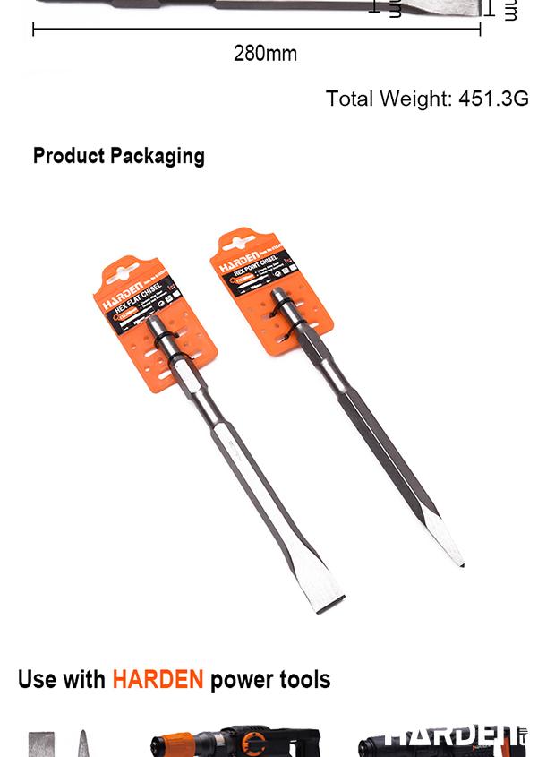 Talhadeira Encaixe Sextavado 17 mm x 280 mm HARDEN para Martelete Elétrico – Ponta ou Chata