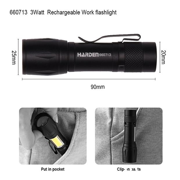 Lanterna de Trabalho Recarregável Harden – LED 3W, Bateria 400mAh e Foco Telescópico