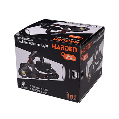 Lanterna de Cabeça Recarregável HARDEN com LED 5W – Foco Ajustável, 3 Modos de Iluminação e Bateria de Íon-Lítio 1800mAh