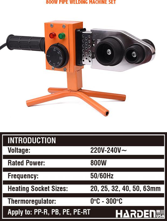 Máquina de Solda para Tubo Termoplástico 800W 220–240V HARDEN com Bocais 20–63mm (3/4"–2.1/2")