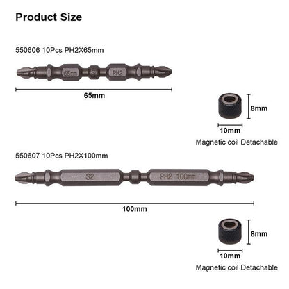 Jogo de Bits Phillips HARDEN PH2 x 65 mm em Aço S2 com 10 Peças e Ímãs Magnéticos