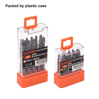 Jogo de Bits Phillips HARDEN PH2 x 65 mm em Aço S2 com 10 Peças e Ímãs Magnéticos