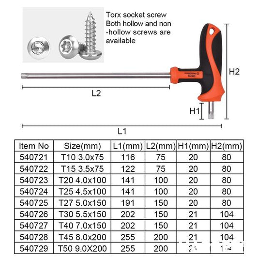 Chaves Torx tipo T (T10 a T50) com Cabo em T para Alto Torque em Aço Cr-V