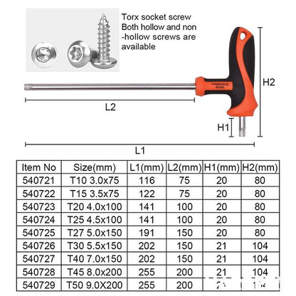 Chaves Torx tipo T (T10 a T50) com Cabo em T para Alto Torque em Aço Cr-V