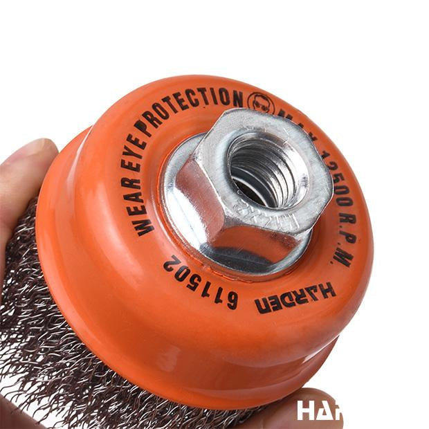 Escova Tipo Copo com Rosca HARDEN – Fios de Aço 75mm, 100mm e 125mm (M10 e M14)