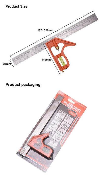 Esquadro Combinado 300 mm (12") em Aço Inoxidável com Base de Alumínio HARDEN
