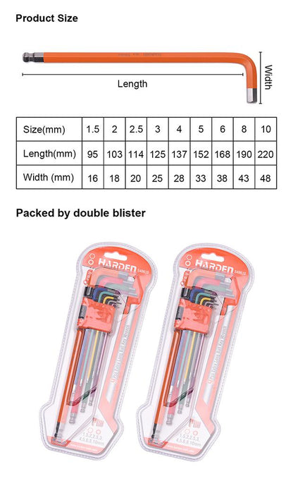 Jogo de Chaves Allen Extra Longas HARDEN 9 Peças – Aço CR-V Temperado e Acabamento Colorido