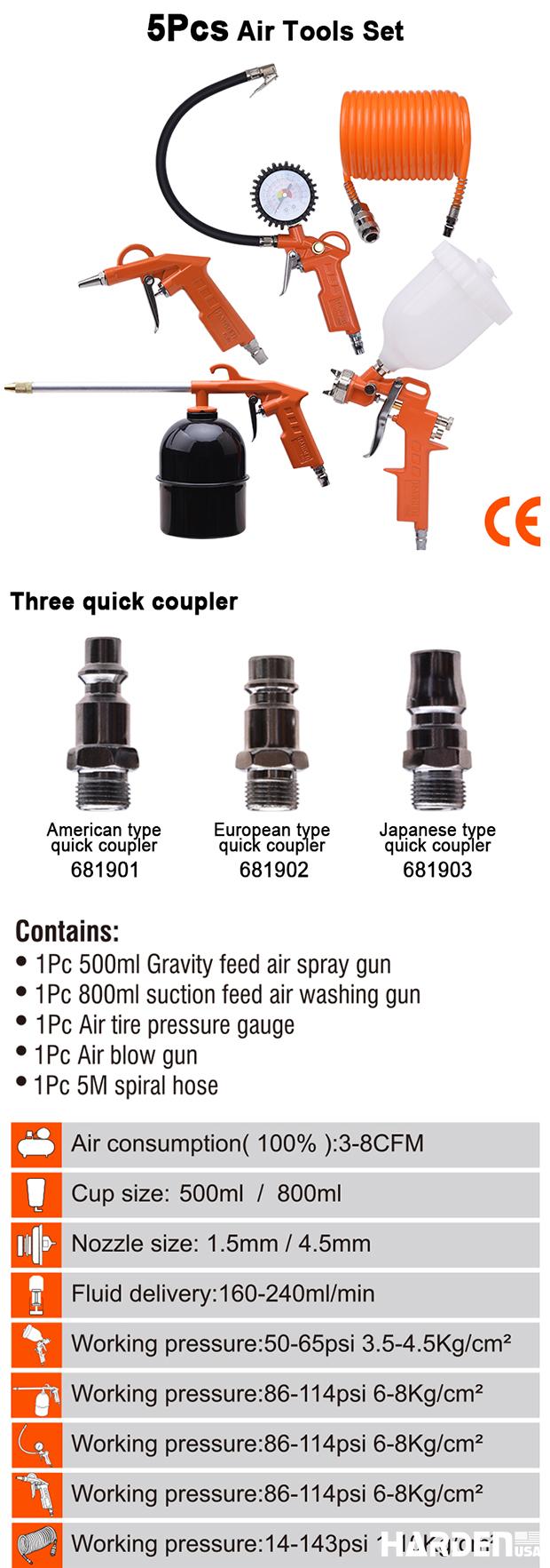 Jogo de Ferramentas Pneumáticas 5 Peças HARDEN com Engate Rápido (Europeu, Americano ou Japonês)