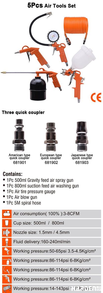 Jogo de Ferramentas Pneumáticas 5 Peças HARDEN com Engate Rápido (Europeu, Americano ou Japonês)