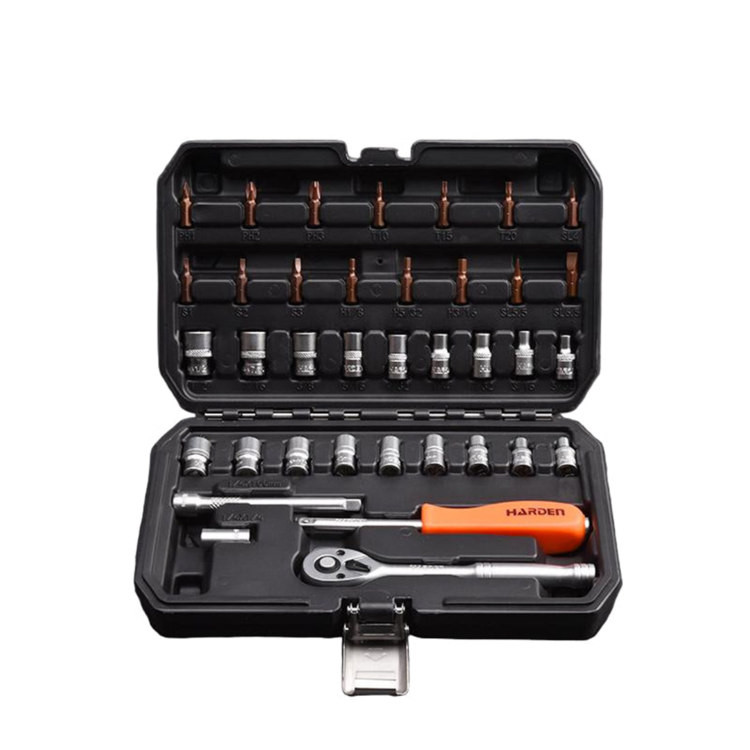 Jogo de Soquetes 37 Peças HARDEN 1/4" (6,35 mm) com Chave Catraca — Conjunto Completo para Manutenção e Reparos