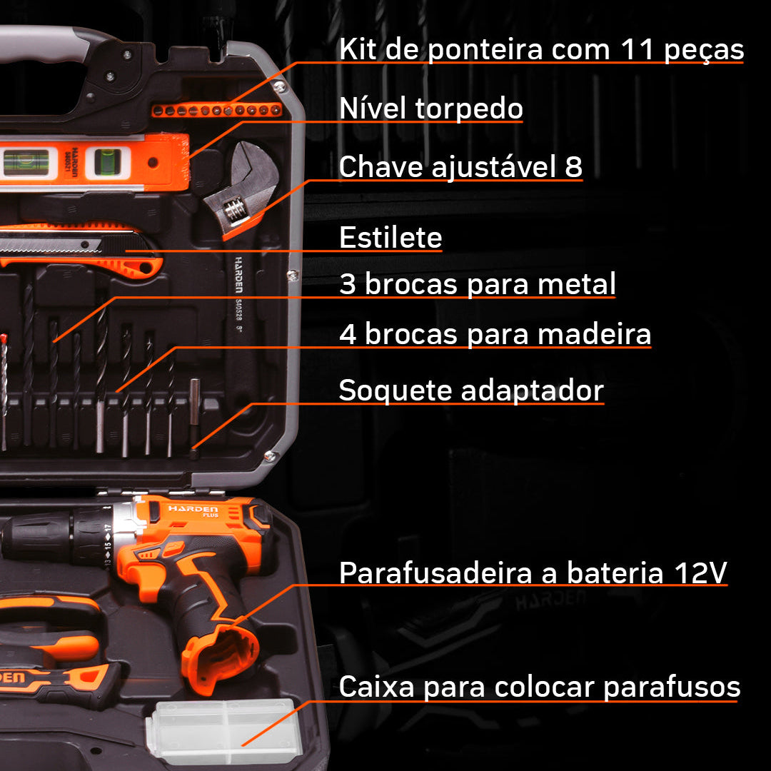 Kit Parafusadeira Sem Fio 12V HARDEN – 36 Peças com Acessórios para Construção e Marcenaria