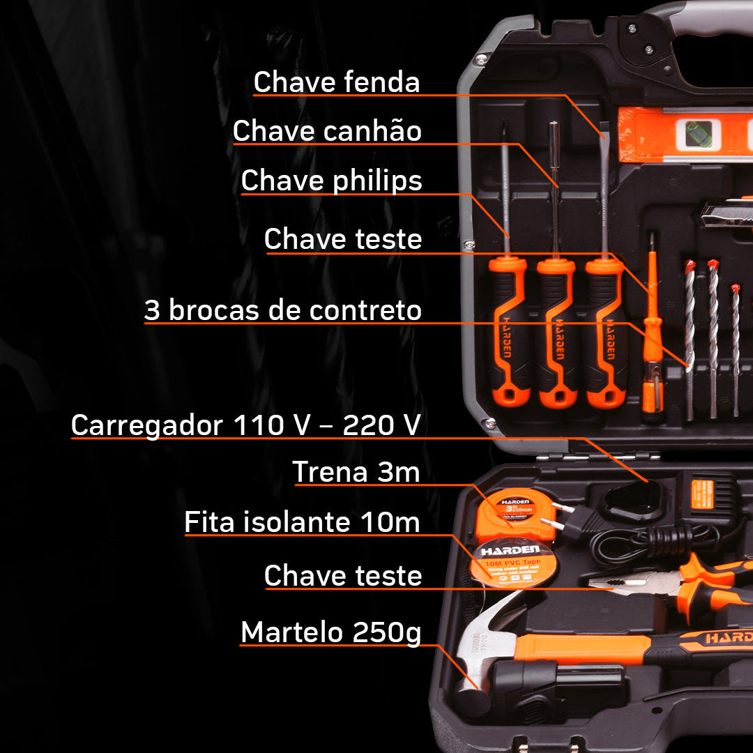 Kit Parafusadeira Sem Fio 12V HARDEN – 36 Peças com Acessórios para Construção e Marcenaria