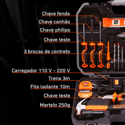 Kit Parafusadeira Sem Fio 12V HARDEN – 36 Peças com Acessórios para Construção e Marcenaria
