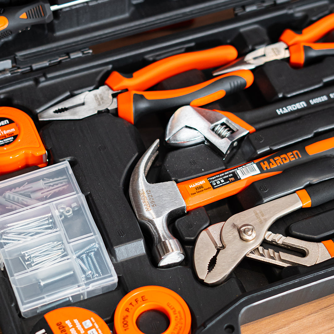 Jogo de Ferramentas Completo HARDEN 63 Peças – Maleta Profissional com Alicates, Chaves, Martelo e Acessórios