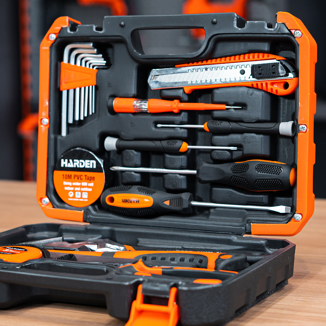 Kit de Ferramentas de Reparo 18 Peças HARDEN – Maleta com Chaves, Alicates e Martelo para Construção e Reparos